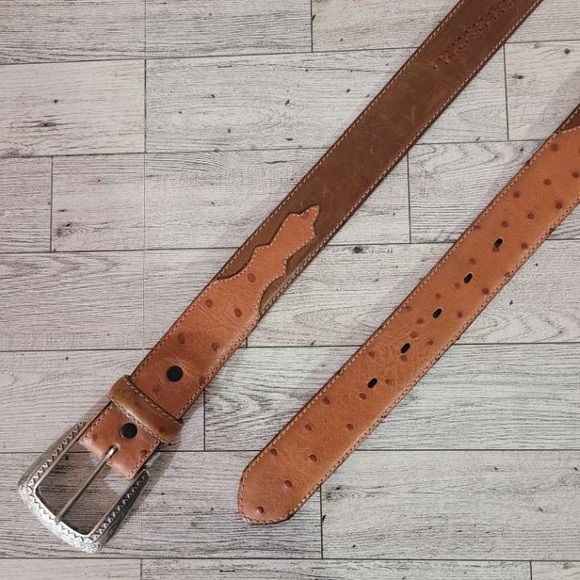 Men's Justin Western Brown Leather Ostrich Print Rodeo Cowboy Belt Size 42 - Picture 1 of 5